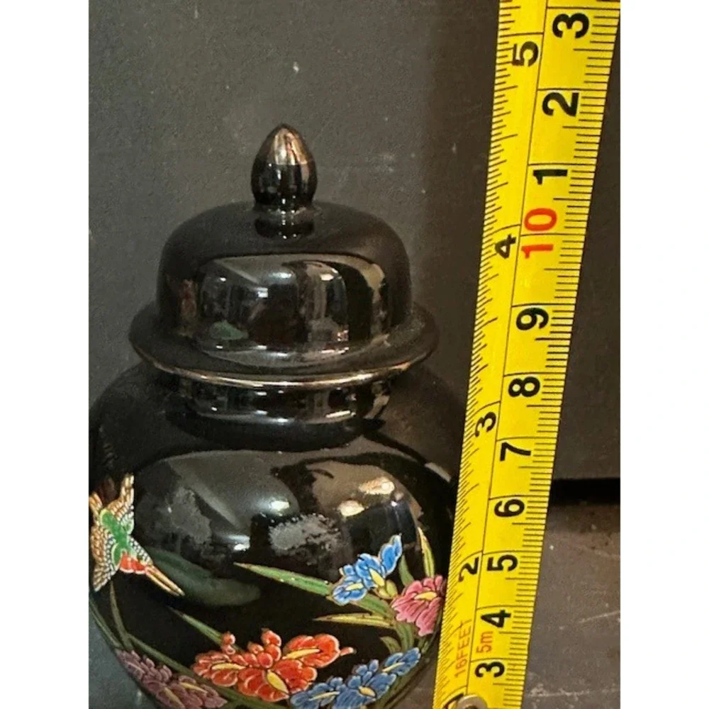 VTG Japanese Black Porcelain Ginger Jar Hummingbird Floral Iris Made‎ in Japan